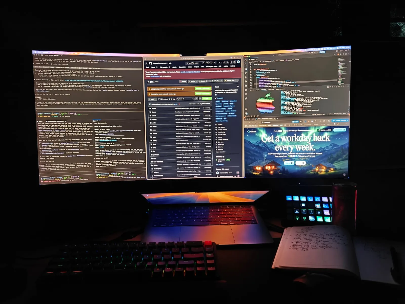 my desk setup with a curved monitor, macbook, keychron keyboard, stream deck and headphones.